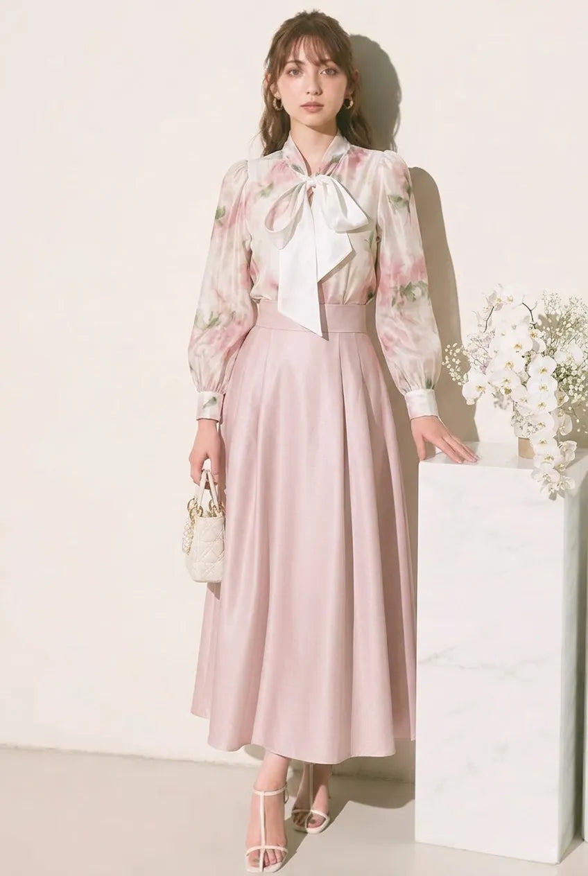 【単品注文】リボン結びトップス+Aラインスカート2点セット