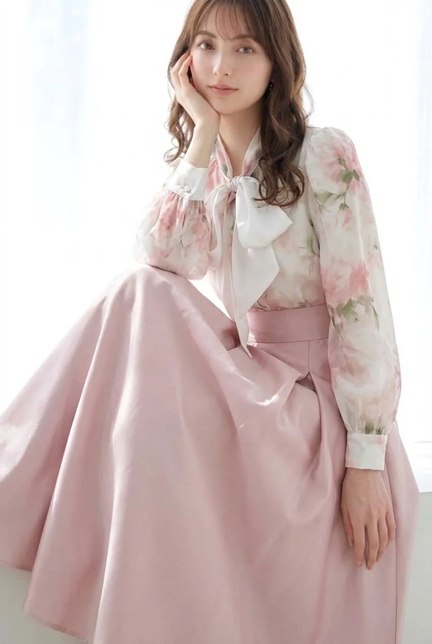 【単品注文】リボン結びトップス+Aラインスカート2点セット