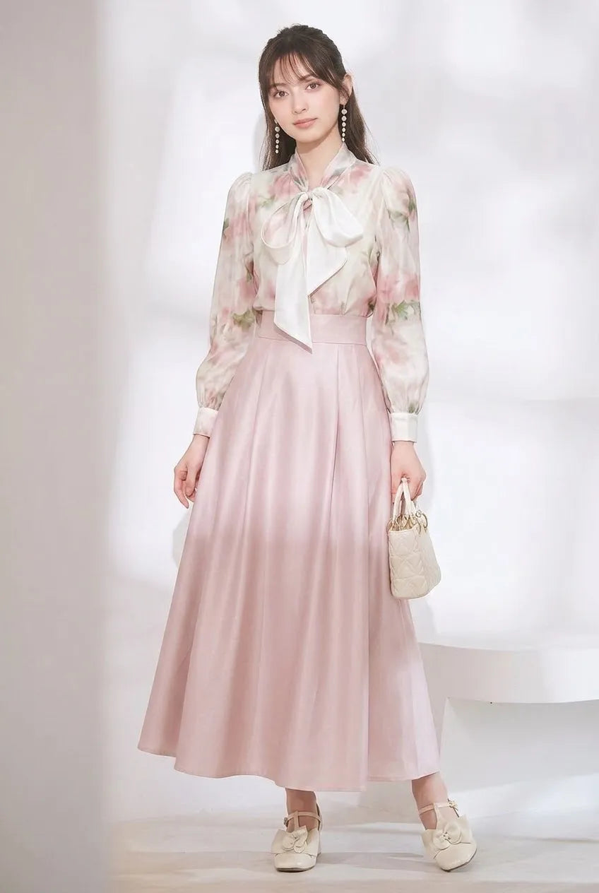 【単品注文】リボン結びトップス+Aラインスカート2点セット