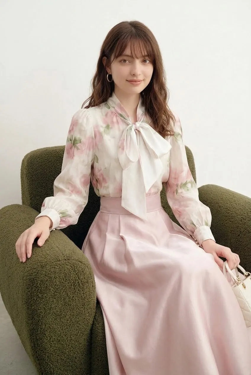【単品注文】リボン結びトップス+Aラインスカート2点セット